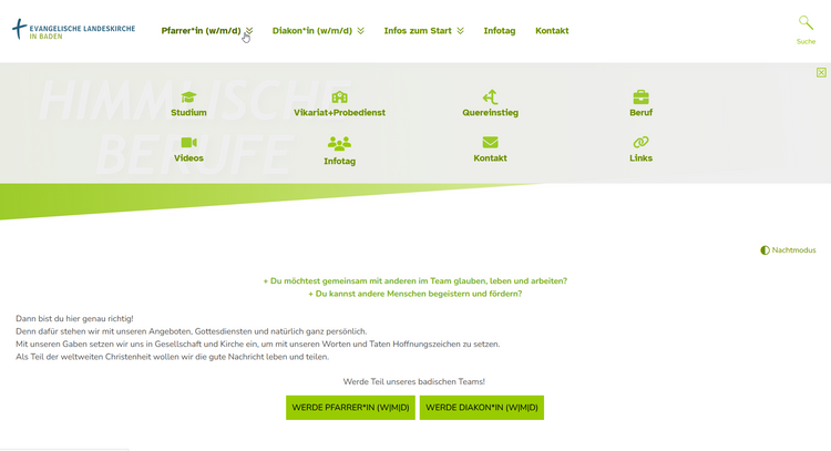 Screenshot der Website himmlische-berufe.de als Beispiel für Navigation mit Icons