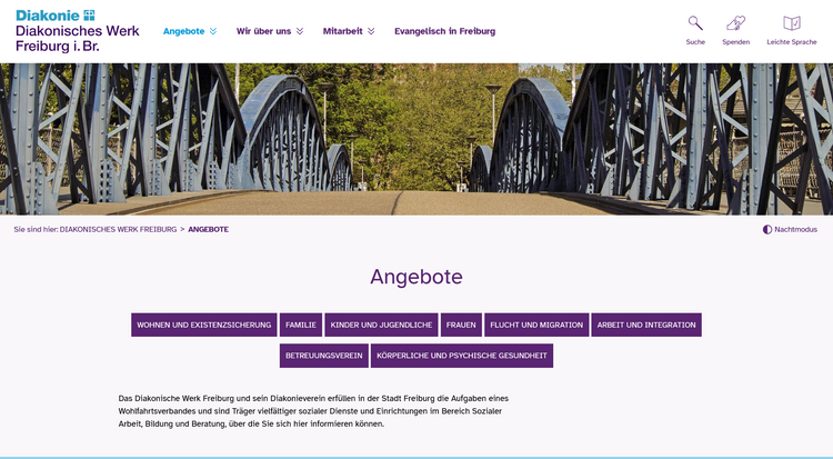 Screenshot der Website diakonie-freiburg.de/angebote als Beispiel für die Unternavigation mit Buttons