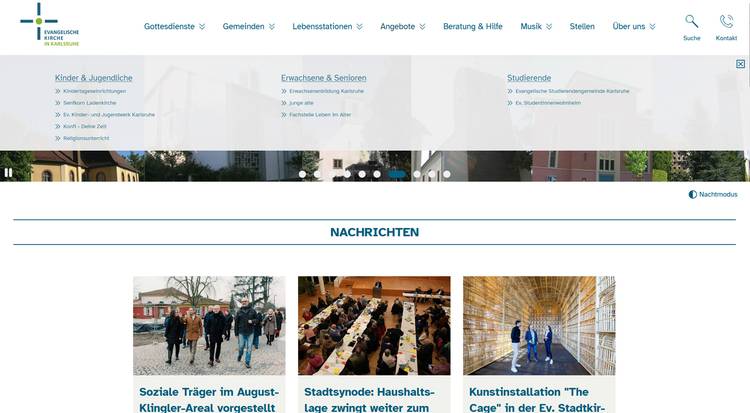 Screenshot der Website www.ev-kirche-ka.de als Beispiel für die waagerechte Navigation mit Hamburger Navigation