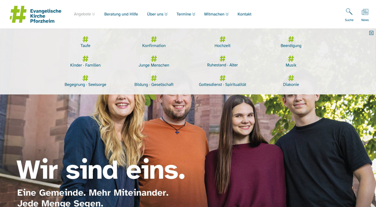 Screenshot der Website evkirche-pf.de als Beispiel für eine Navigation mit Icons