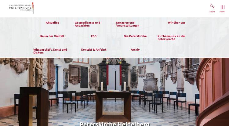 Screenshot der Website www.peterskirche-heidelberg.de als Beispiel für Hamburger-Navigation