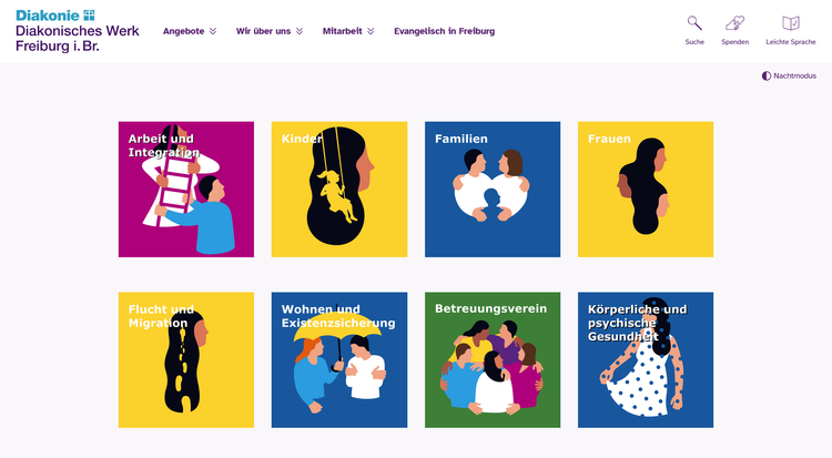 Screenshot der Website diakonie-freiburg.de als Beispiel für Kacheln