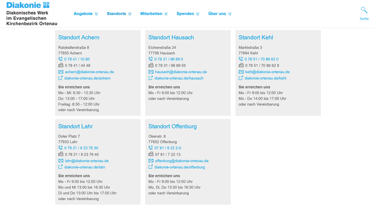 Screenshot der Website www.diakonie-ortenau.de/standorte/ mit Orte-Kacheln