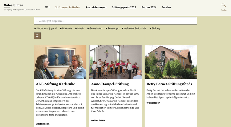 Screenshot der Website www.gutes-stiften.org/stiftungen-in-baden/ als Beispiel für Kacheln