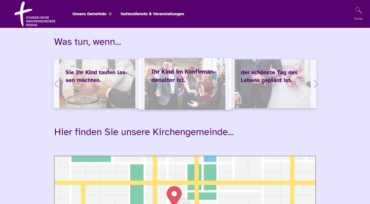 Screenshot der Website ev-kirchengemeinde-mudau.de mit Bild-Kacheln