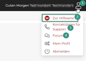 Nutzermenü von LUKAS mit Hilfe-Symbol und Support-Optionen wie Hilfeseite, Support-Kontakt und Forum