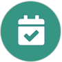 Quelle: fontawesome.com Icon von einem Kalender mit einem Haken darin auf einem türkisenem Hintergrund (Kreis)