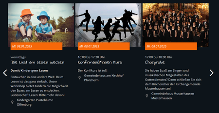 Screenshot von Terminkacheln im Karussell auf der Musterseite