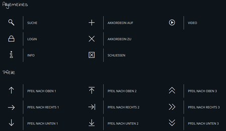 Sammlung von Icons wie Suche, Pfeile, Login und Info auf dunklem Hintergrund