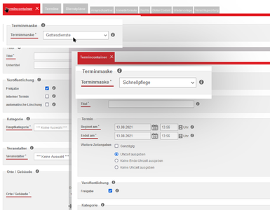 Screenshot der LUKAS-Terminverwaltung mit geöffnetem Terminmasken-Dropdown