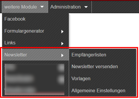 Quelle: Web Commerce GmbH Screenshot von EDITH Menü mit Fokus auf Newsletter
