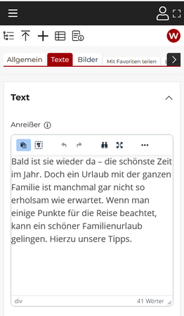 Screenshot vom Texteditor im Backend auf einem Smartphone