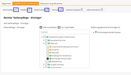 Screenshot von Register Zugriffsrechte auf Bereiche im Modul Rollen