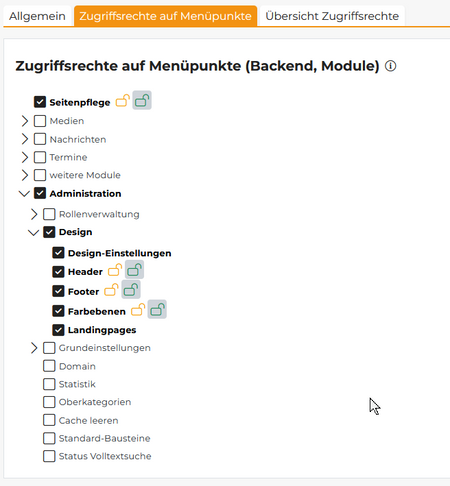Screenshot von dem Register Zugriffsrechte auf Menüpunkte im Backend