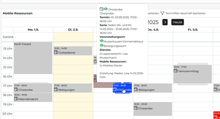 LUKAS-Kalender zeigt Termin-Details mit Eintrag mobile Ressourcen
