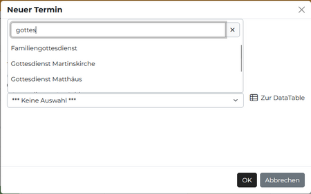 Quelle: Web Commerce GmbH Screenshot einer Kalenderübersicht mit Suchfeld zur Erstellung bzw. Auswahl eines neuen Termins
