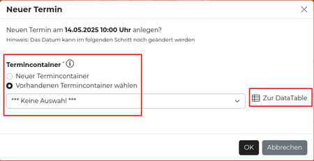 Öffnet die Onlinehilfe für LUKAS - Sie müssen vorher in EDITH eingeloggt sein Quelle: Web Commerce GmbH Screenshot der Auswahl in der Kalenderansicht eines neuen Termins