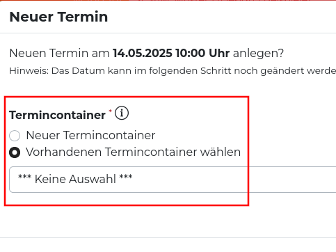 Quelle: Web Commerce GmbH Screenshot der Auswahl in der Kalenderansicht eines neuen Termins